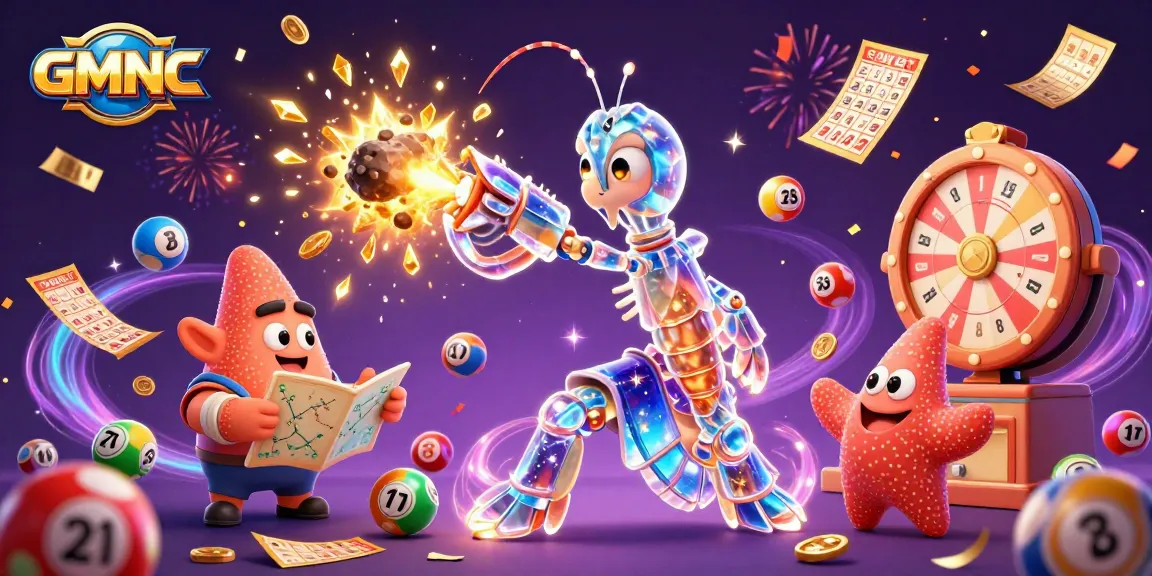 GMNC presents an exciting scene of a galactic samurai mantis shrimp battling for golden gems and prizes.
