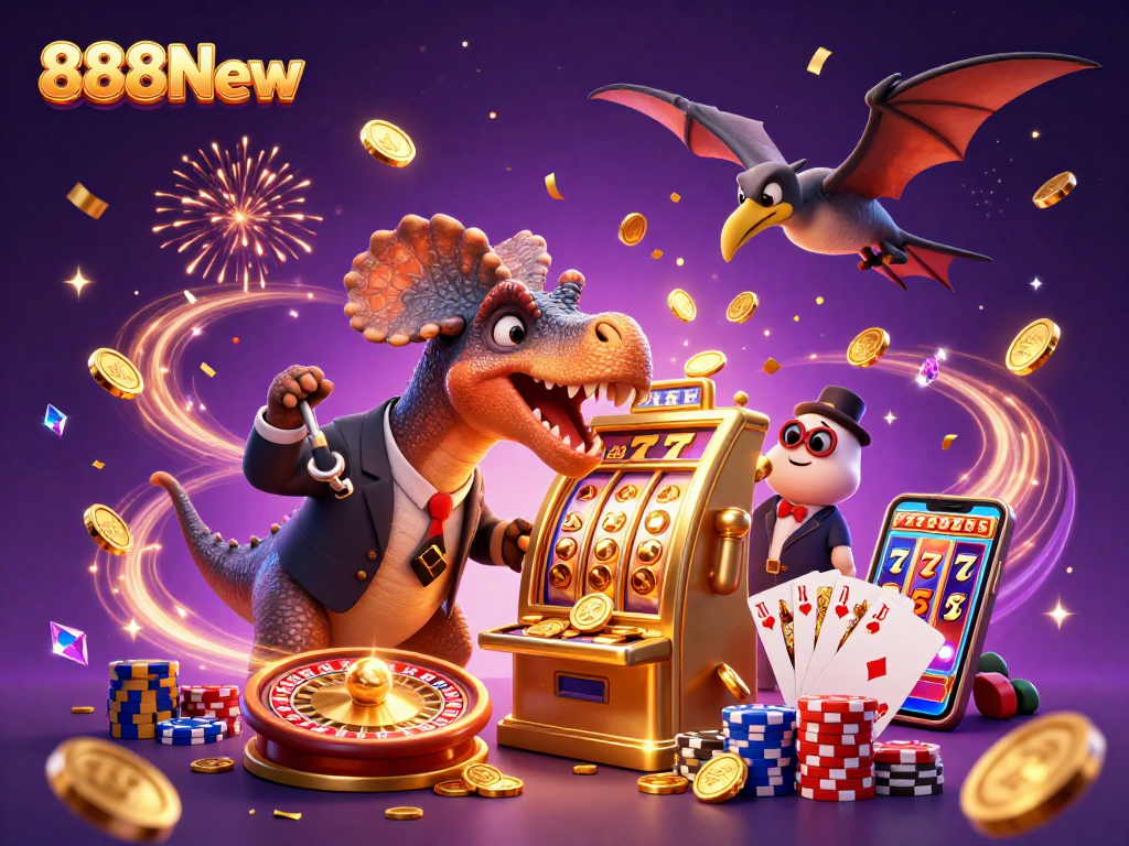 Experience the thrill of winning at 888New with dynamic casino elements in a vibrant 3D scene.