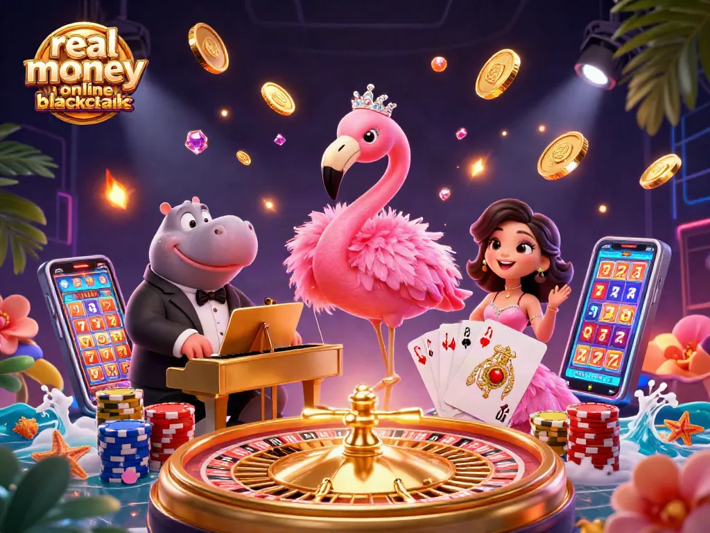 Experience real money online blackjack with lively characters, dazzling coins, and a vibrant casino setting.