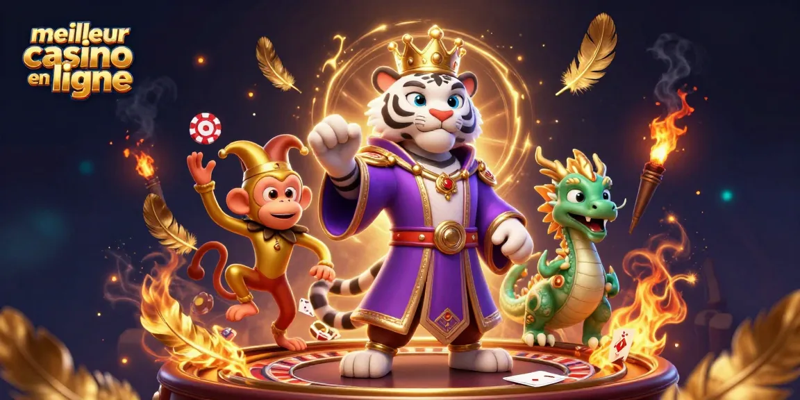 Jouer au meilleur casino en ligne avec un tigre élégant et un singe jongleur entourés d'éléments de jeux.