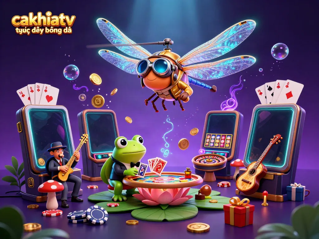 Cakhiatv trực tiếp bóng đá featured in a vibrant 3D illustration with gaming elements, showcasing a lively casino scene.