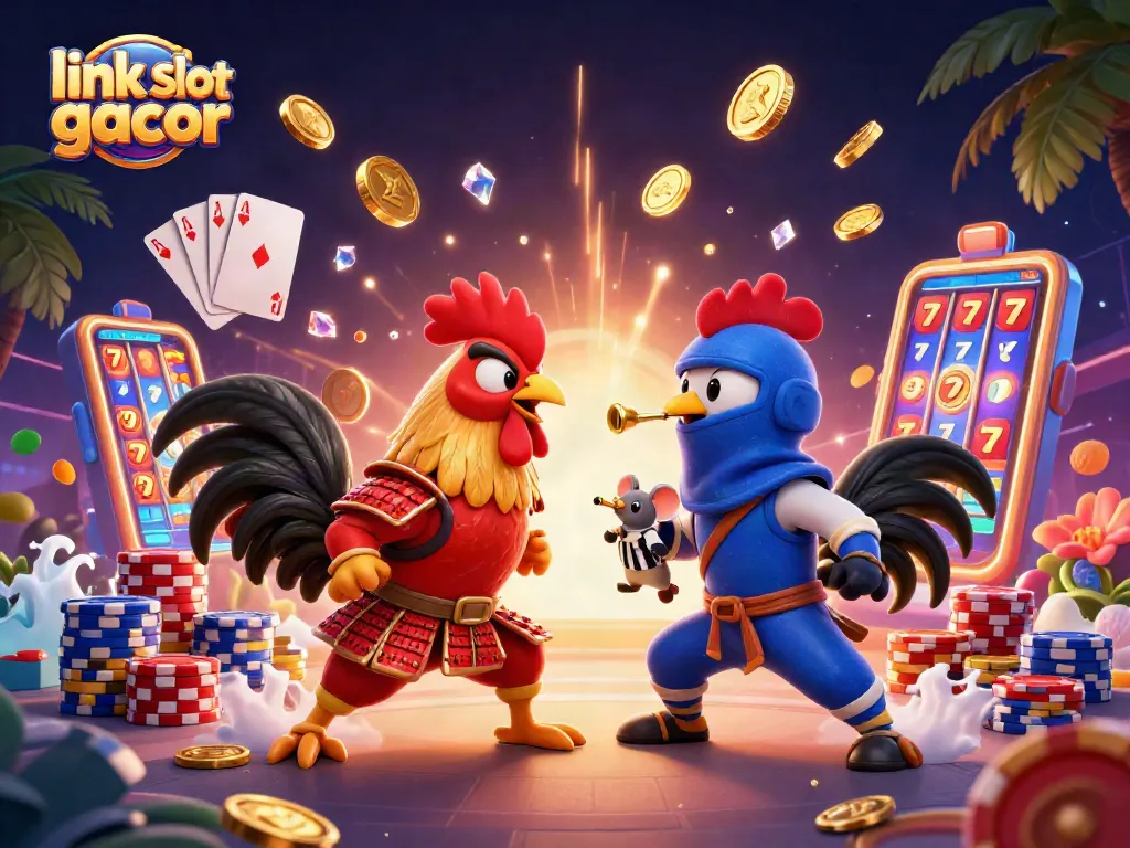 Menyaksikan pertarungan ayam di link slot gacor dengan simbol slot dan koin emas yang berterbangan.