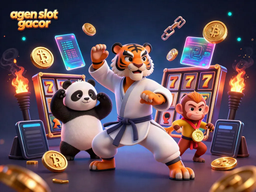 Experience excitement with agen slot gacor in a vibrant scene featuring a kung fu tiger, lucky 7s, and crypto elements.