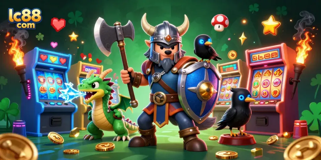 Experience the thrill of gaming with lc88 com's vibrant casino adventure featuring a Viking wolf warrior and colorful game elements.