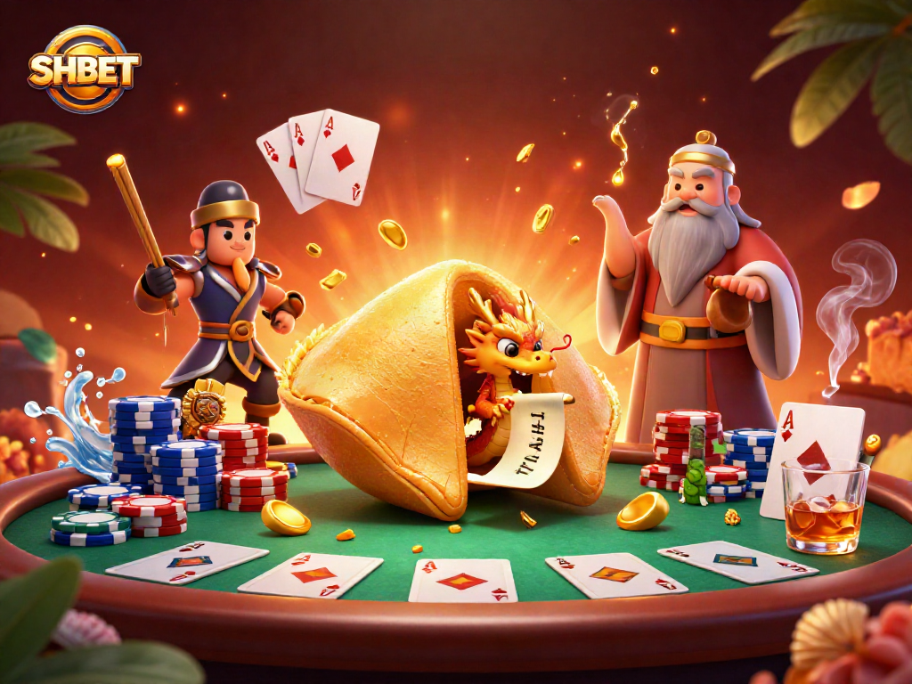 Experience winning strategies at SHBET with golden fortune cookie and poker elements in vibrant casino illustration.
