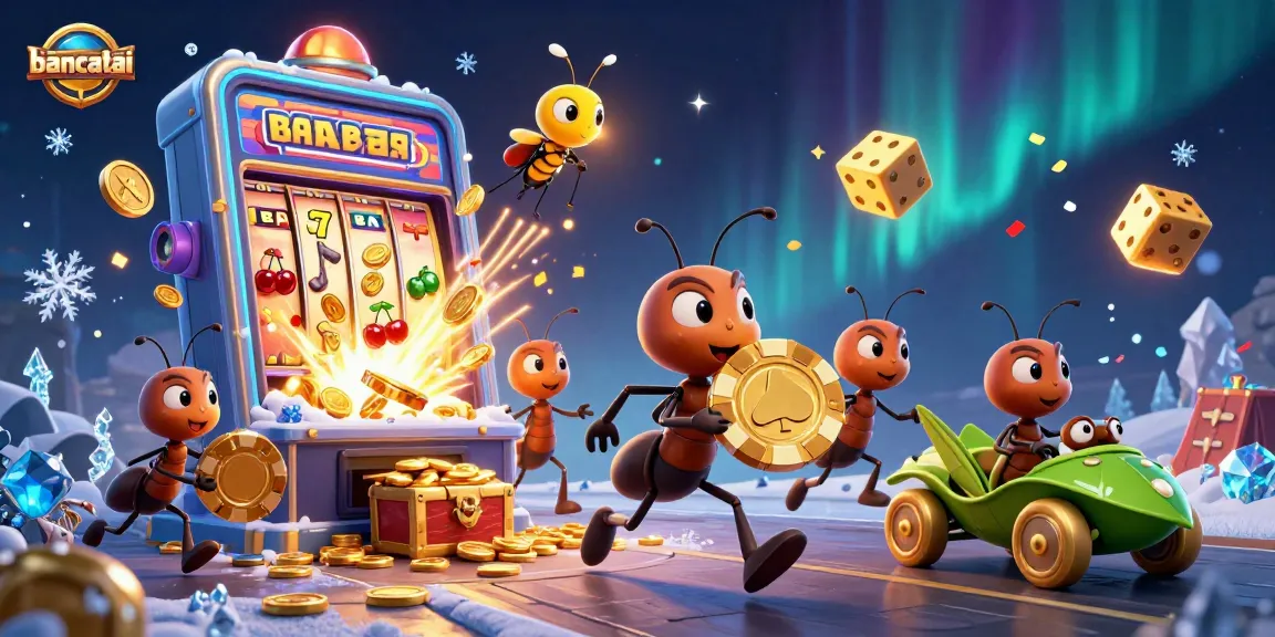 Engaging scene of bancatai's cartoon ants in a casino heist, capturing excitement and strategy in gaming.