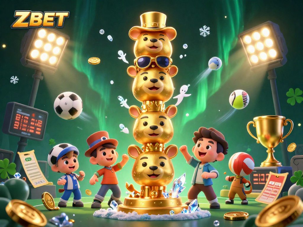 ZBET sports betting illustration with dynamic elements and a golden totem pole, showcasing excitement and action.