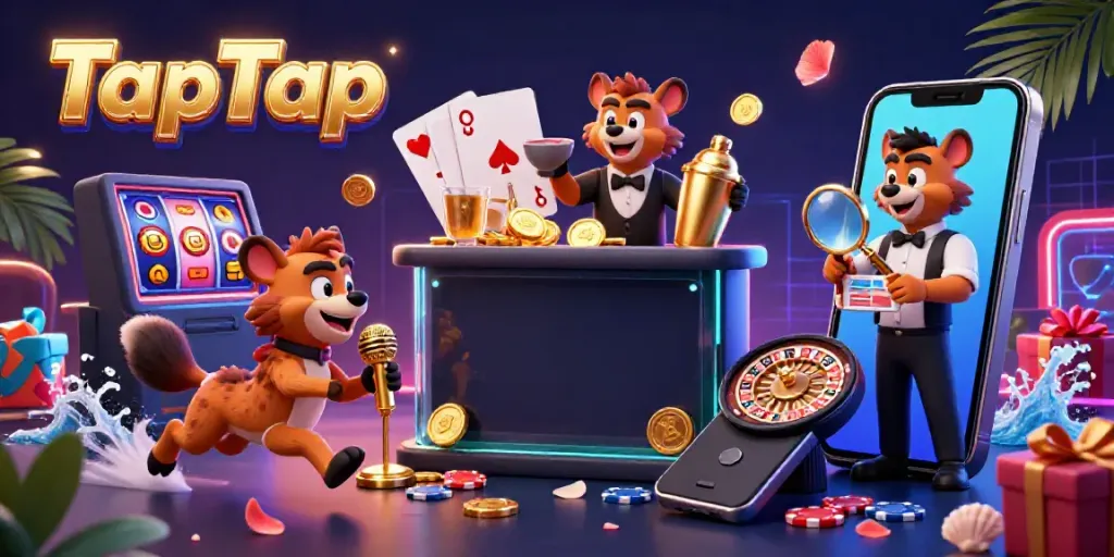 TapTap casino humor with hyenas in a vibrant casino scene with gaming elements.