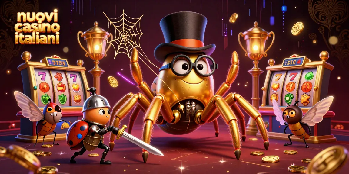 Scopri nuovi casino italiani con un'illustrazione di un ragno dorato gigante e un valoroso cavaliere, tra simboli di gioco e monete dorate.