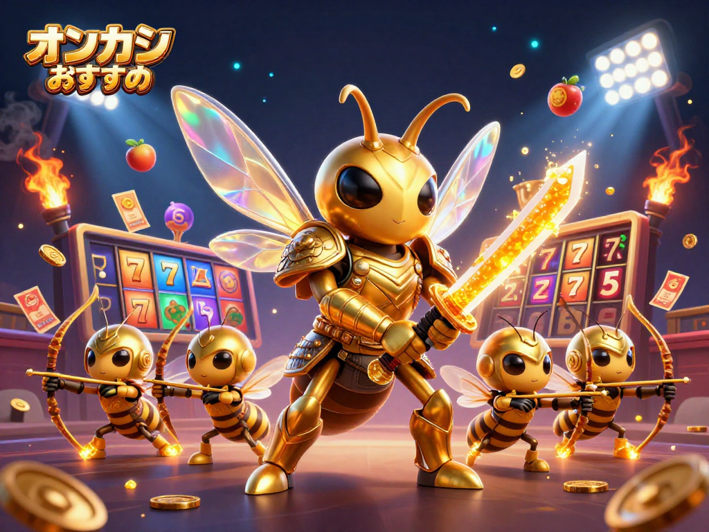 オンカジ おすすめのスロットで勝利を祝う金色のハチのイラスト。