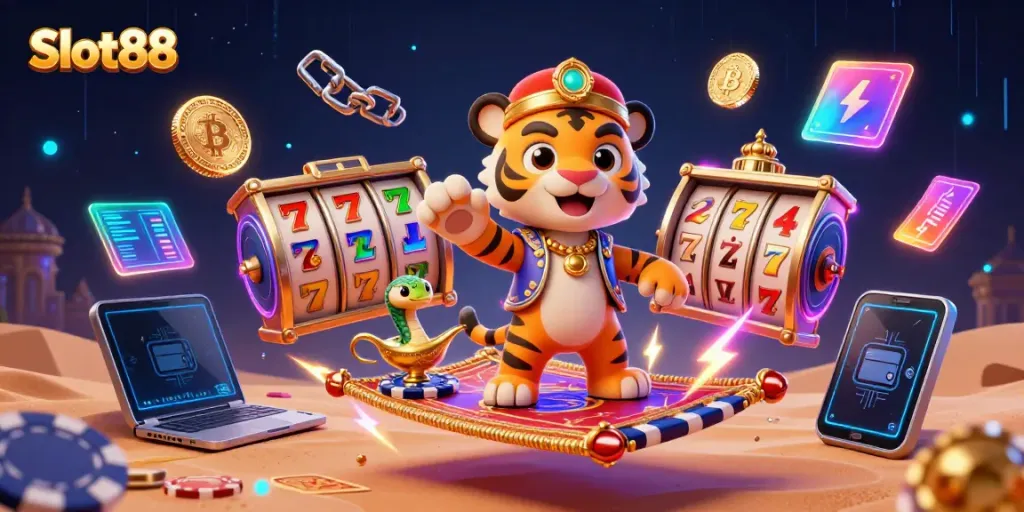 Spin to win with Slot88 in a magical gambling scene featuring a tiger sultan and golden palace!