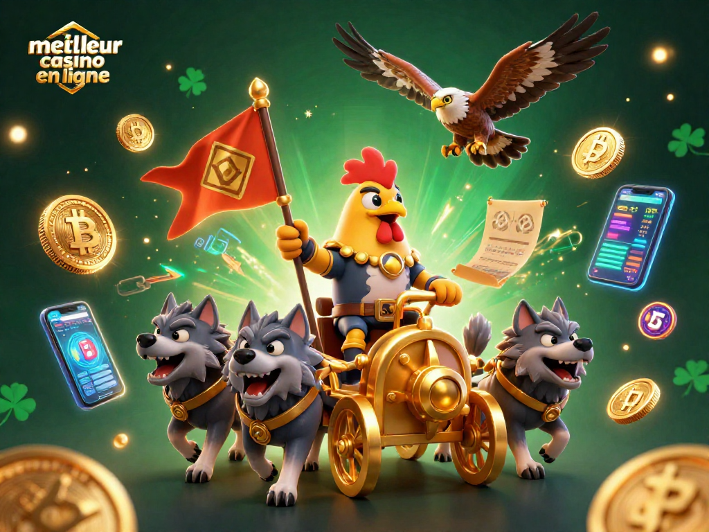 Découvrez le meilleur casino en ligne avec cette illustration dynamique représentant le roi coq et son char doré.