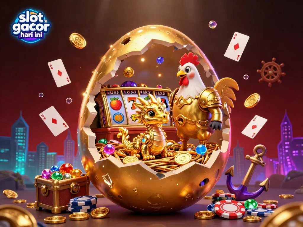 Experience the magic of slot gacor hari ini with golden dragon and poker chips amidst vibrant casino elements.