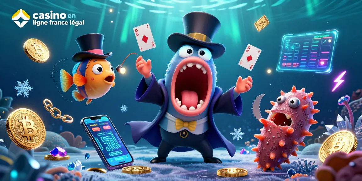 Le casino en ligne France légal présente un morse réalisant des tours de magie captivants tout en entouré de crypto-monnaies et de jeux d'argent.