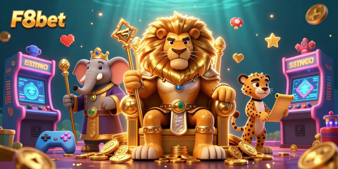 Engage in thrilling gameplay with F8bet showcasing a regal lion king and his advisors.