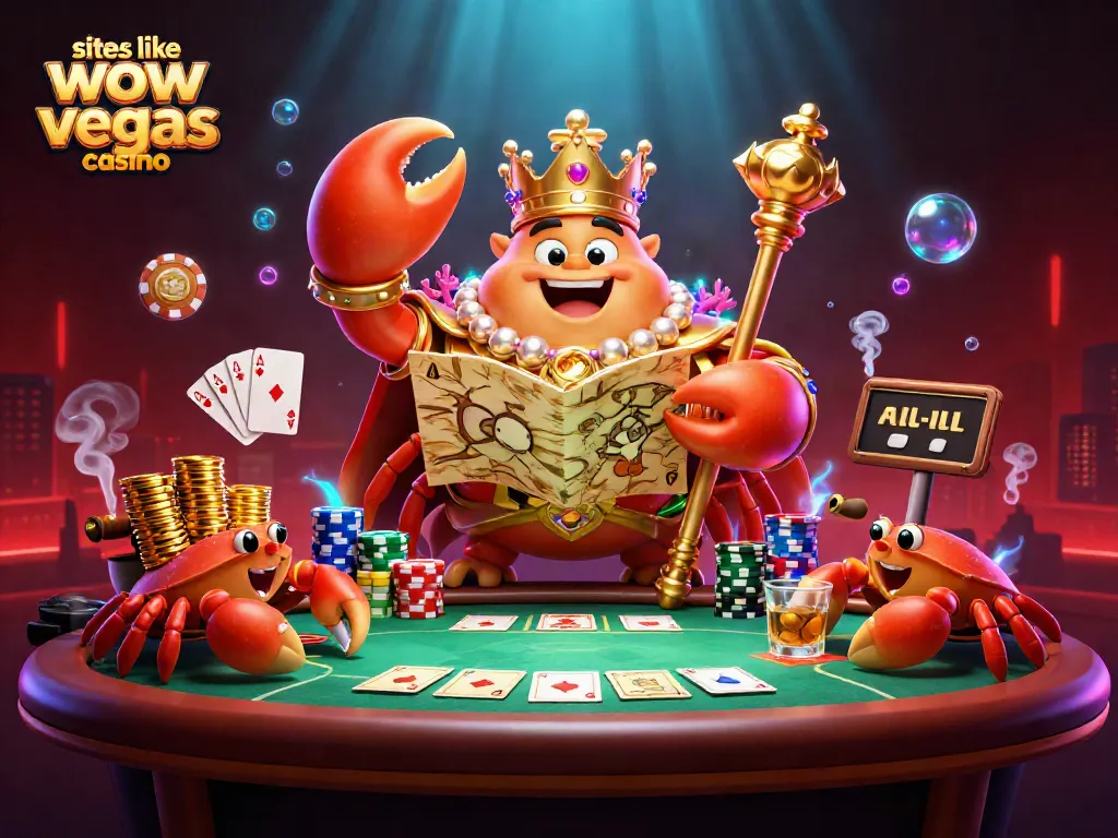 Play to win at sites like wow vegas casino featuring a golden crab emperor and poker elements.