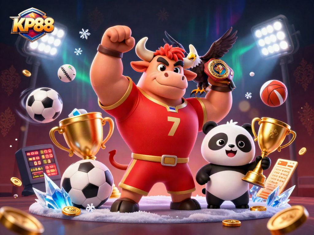Win big at KP88 with our energetic mascot trio celebrating in a vibrant casino scene.