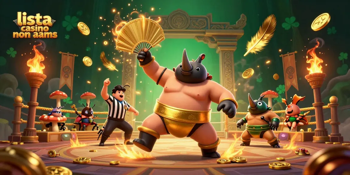 Scopri la lista casino non AAMS con un'illustrazione coinvolgente di un campione di sumo e un arbitro in un'arena di scommesse.