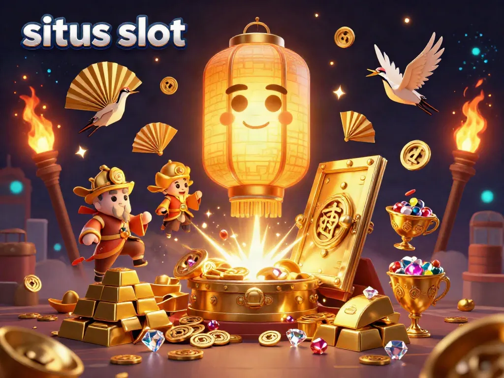 Experience situs slot excitement with vibrant 3D scene full of treasures and glowing spirits in a casino.