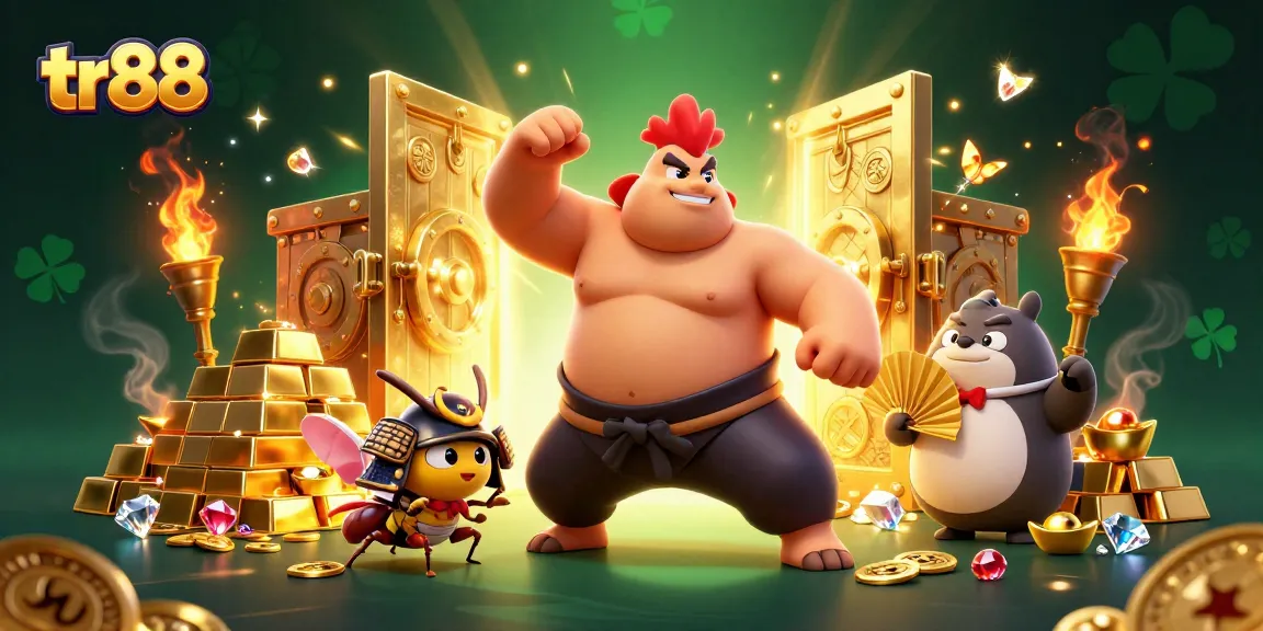 Experience the excitement at tr88 with a dynamic scene featuring a powerful sumo wrestler and vibrant casino elements.