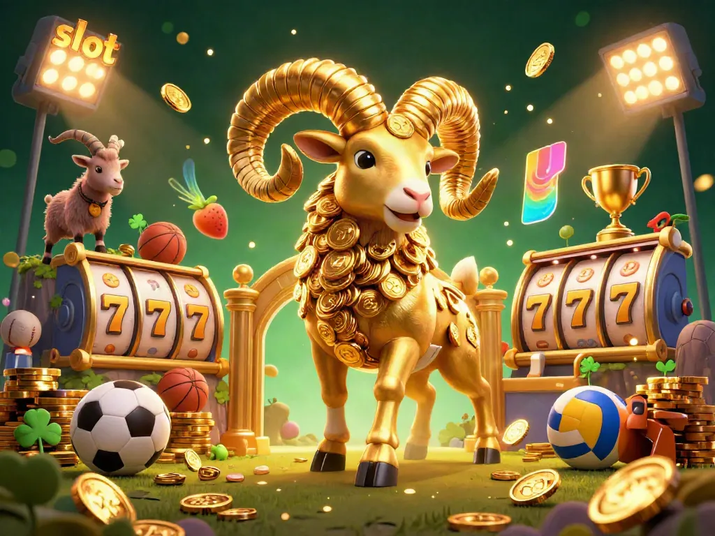 Engage with the slot resmi experience featuring a golden ram charging through slot reels amidst dazzling casino elements.