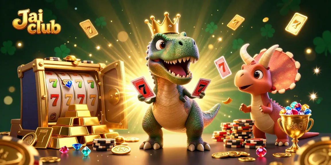 Engage with Jai club as a T-Rex tries to shuffle cards and a triceratops stacks chips in a vibrant casino scene.