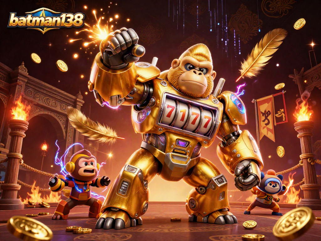 Experience the excitement of batman138 with a golden gorilla mech surrounded by casino elements and action.