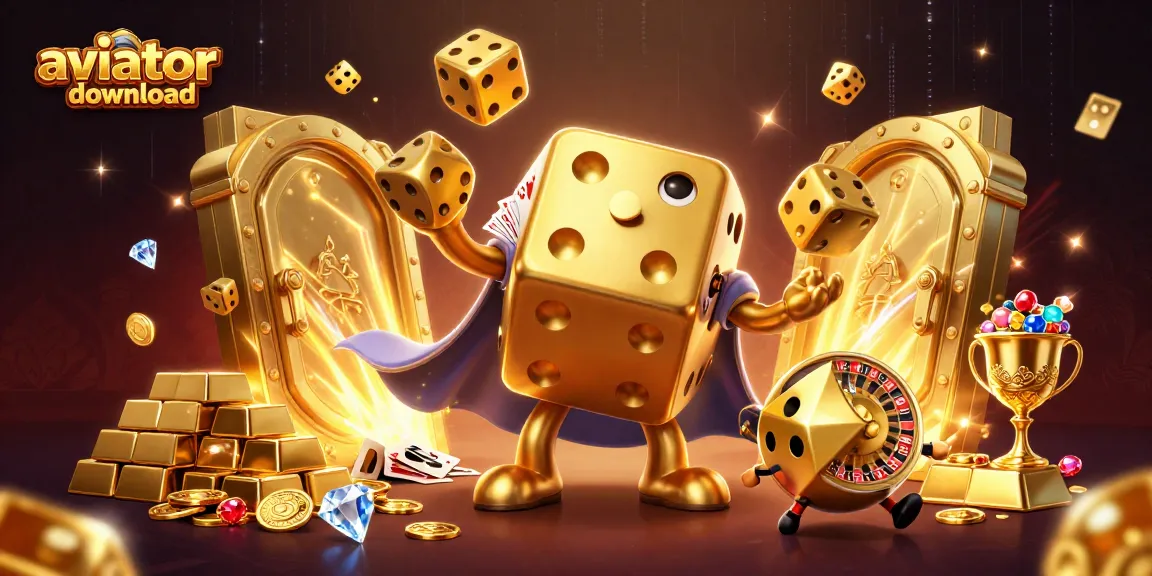 Aviator download features a playful golden dice golem juggling gold dice amidst heaps of riches, creating a thrilling casino atmosphere.