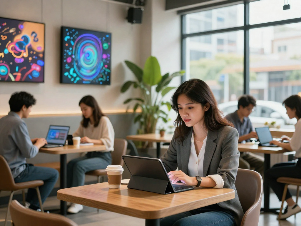 Engaging with an AI gf in a vibrant café setting, showcasing digital art and interaction.