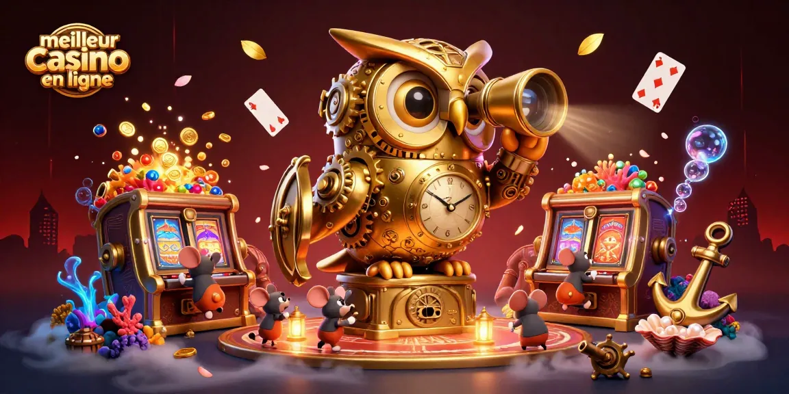 Illustration vibrante du meilleur casino en ligne avec une chouette dorée et des souris entre les machines à sous.
