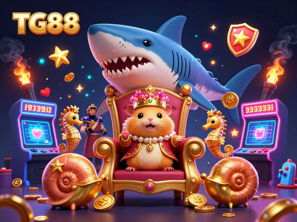 Engage in thrilling gaming experiences at TG88 with a vibrant 3D illustration of a hamster king and arcade elements.