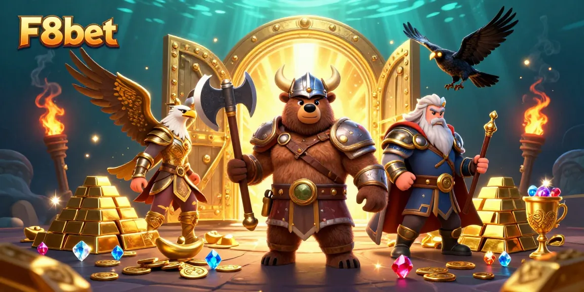 Experience thrilling action with F8bet in this dynamic 3D casino scene featuring treasures and mythical characters.