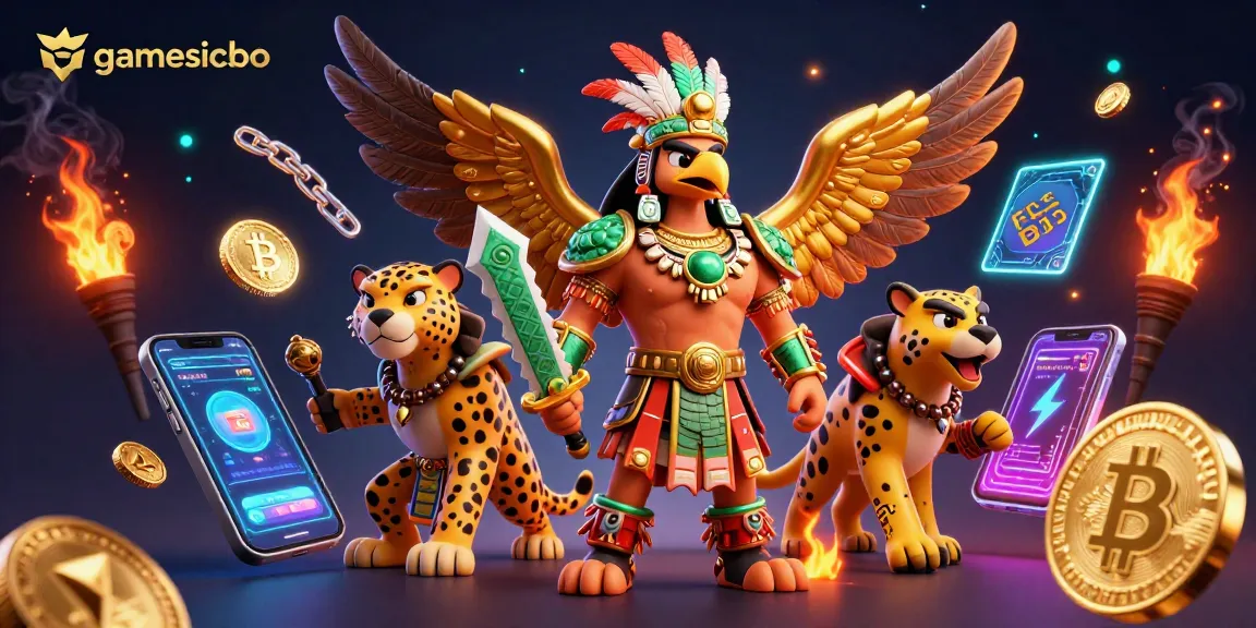 Engage in thrilling gamesicbo action with Aztec warriors and crypto elements in a vibrant scene.
