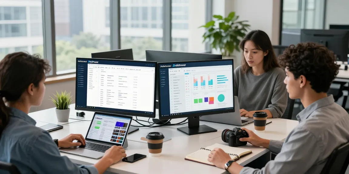 在广告管理和多账户操作的现代办公室场景中，展示团队利用https://adspowet.com进行高效合作和任务管理