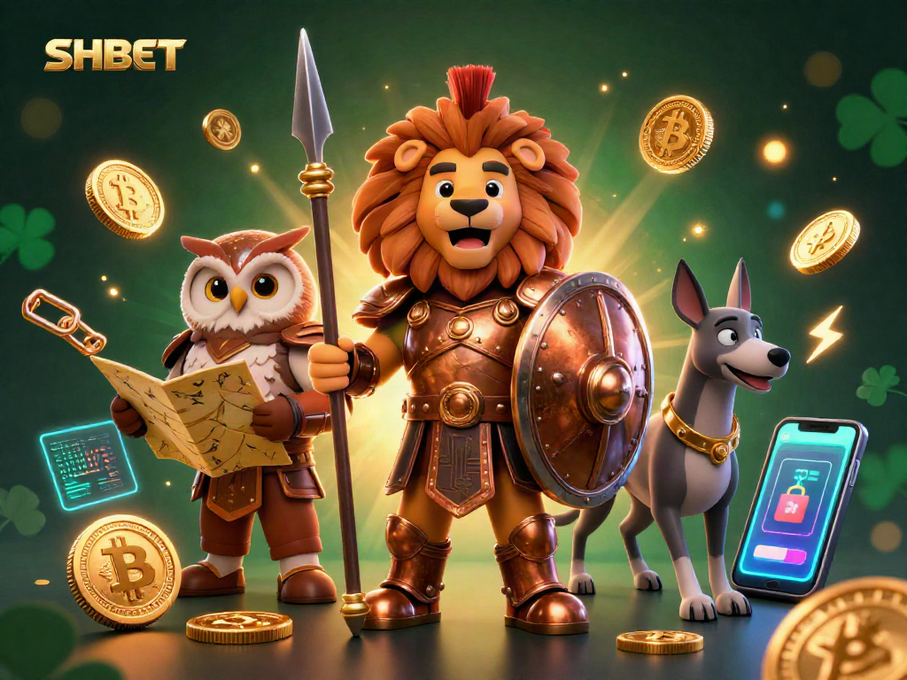 Engage with SHBET through a vibrant casino scene featuring a Spartan lion, owl, and greyhound surrounded by crypto coins.