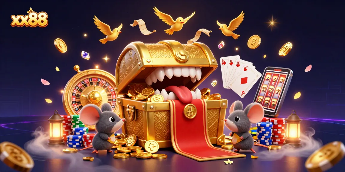 Experience thrills at xx88 with animated treasure, sparkling gems, and casino excitement.
