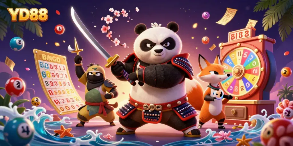 Experience gaming action with YD88 featuring a samurai panda, ninja fox, and colorful lottery balls.