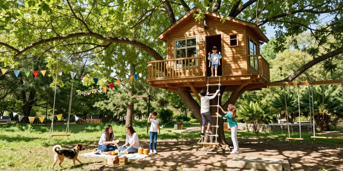 Treehouses in a vibrant outdoor setting with children playing and a picnic beneath.