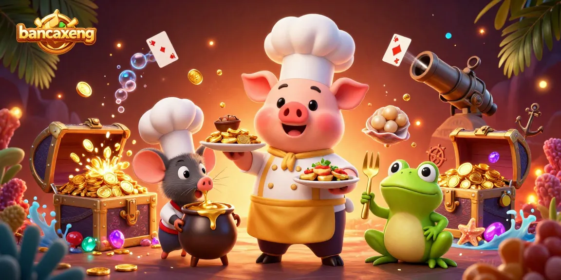 Experience thrilling adventures with bancaxeng as the chef pig serves gold coins in a captivating underwater scene.