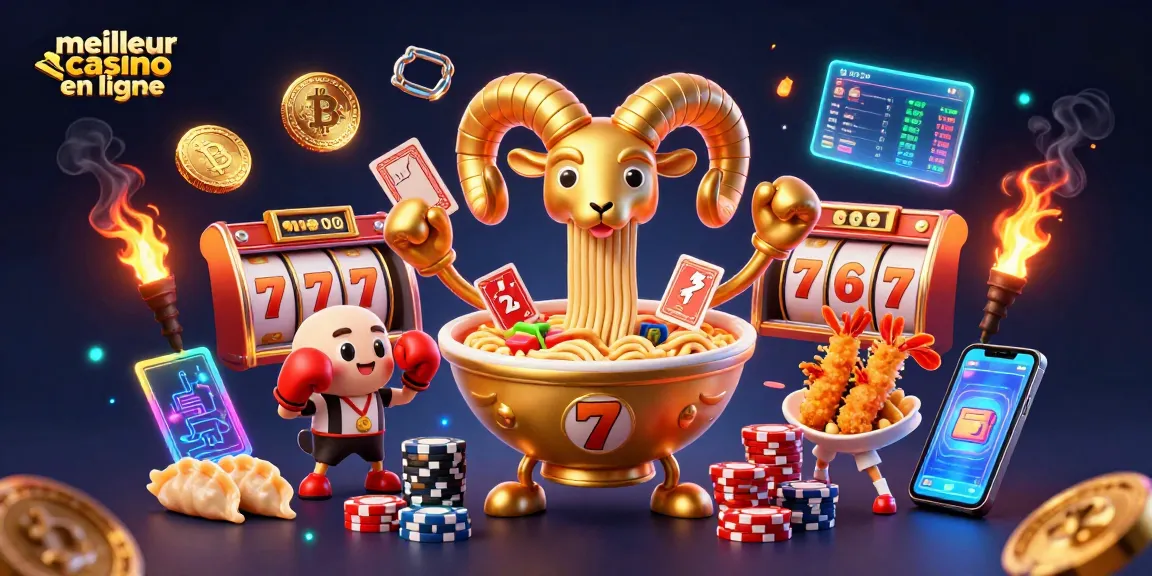 Jouer au meilleur casino en ligne avec un bol de ramen et des personnages animés dans une scène colorée.