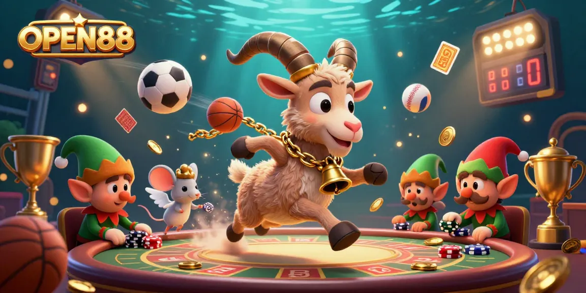 Experience the excitement of OPEN88 with a festive casino illustration filled with fun characters and vibrant gaming elements.