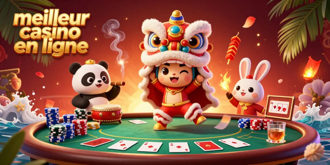 Profitez de l'expérience du meilleur casino en ligne avec des personnages joyeux entourés de jeux de poker et de décorations colorées.