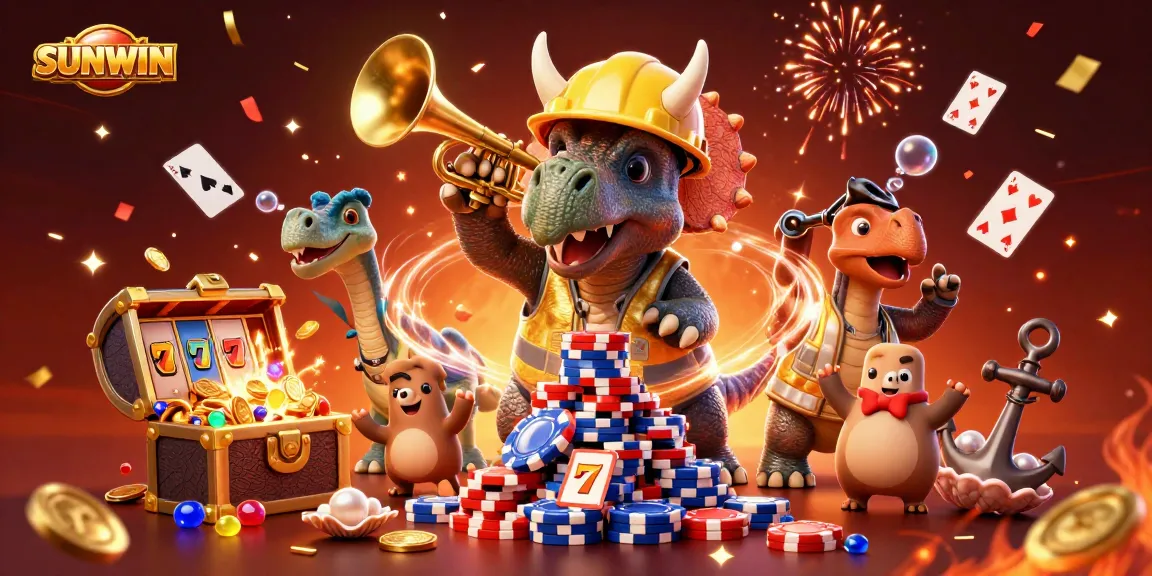 SUNWIN casino features a joyful scene with triceratops and parasaurolophus celebrating amidst colorful gaming elements.