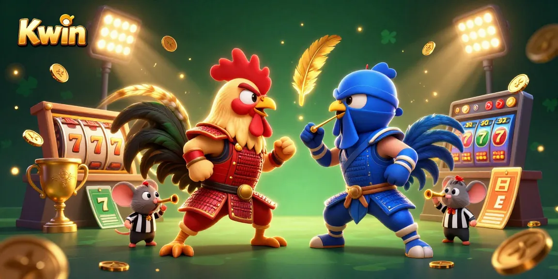Kwin showcases energetic fighting roosters in a dynamic 3D scene with colorful game elements