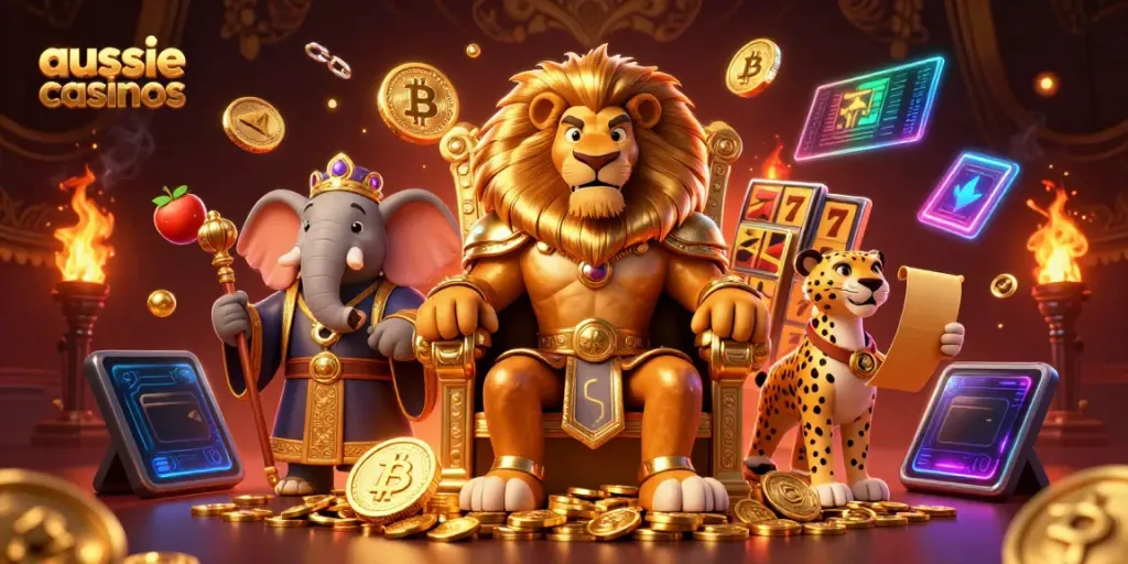 Explore the exciting world of aussie casinos with vibrant 3D characters set against a dynamic casino backdrop.