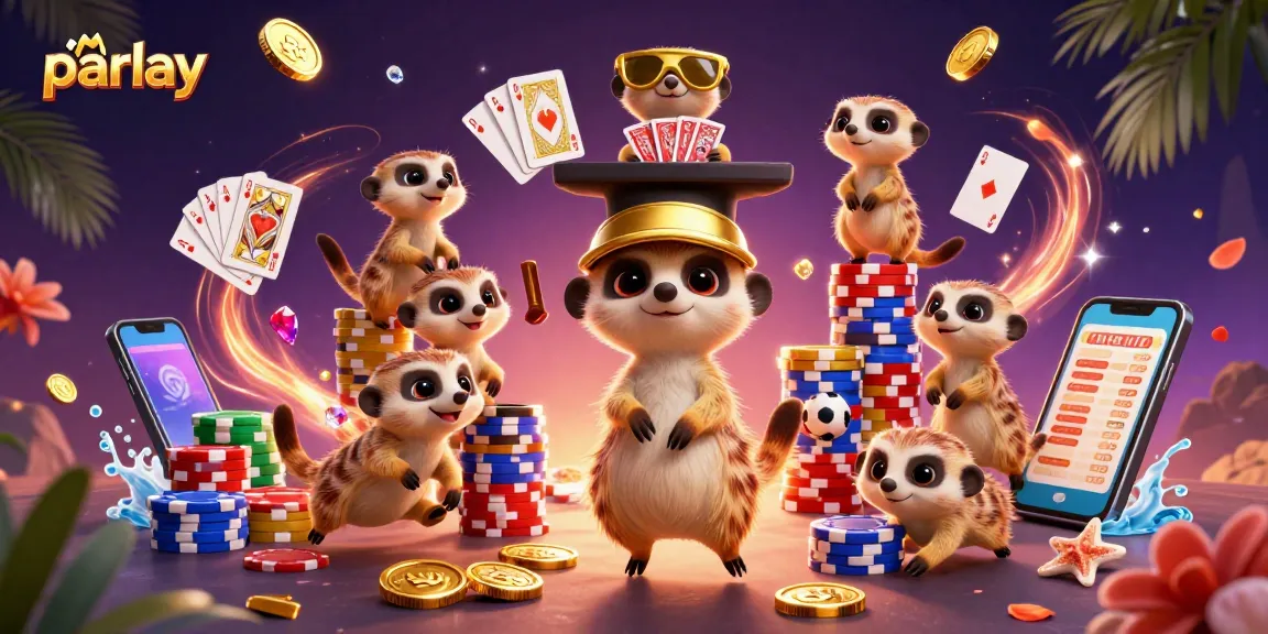 Engaging parlay sports betting scene with meerkats managing a lively casino operation.