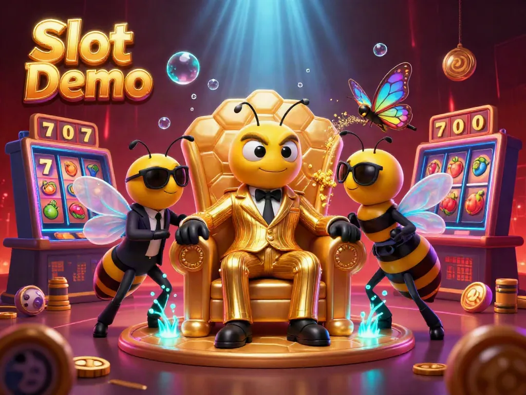 Spin the Slot Demo wheels with a lively bumblebee mob boss amidst vibrant casino symbols.