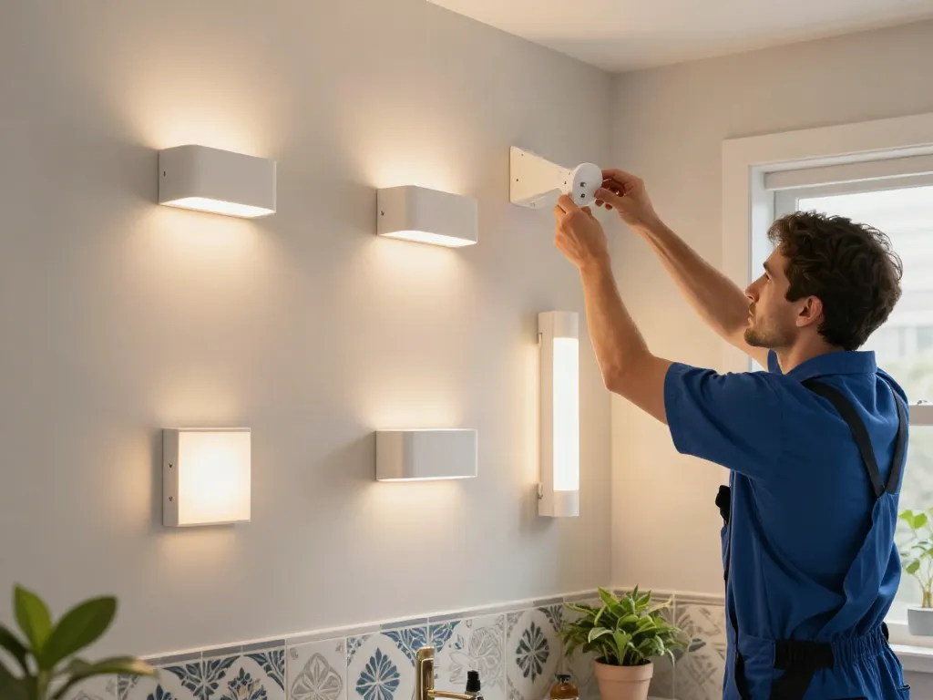Instalare aplice LED baie de către un electrician profesionist, oferind soluții de iluminat moderne.