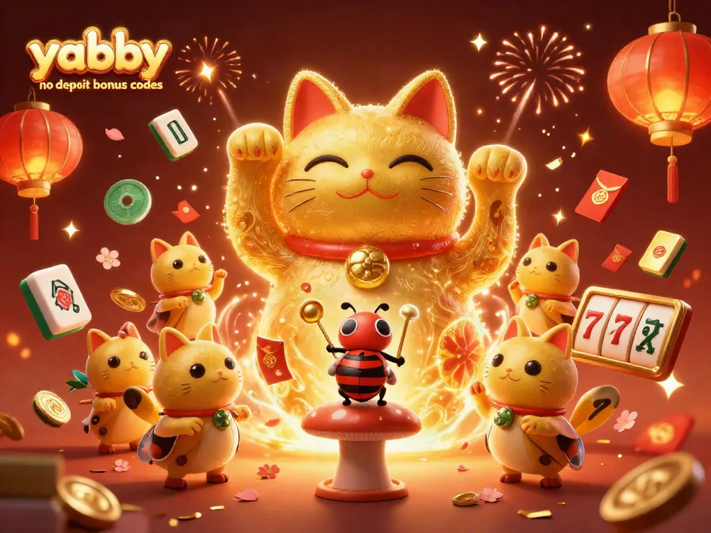 Engage with exciting yabby no deposit bonus codes through a vibrant casino-themed illustration featuring a waving lucky cat.