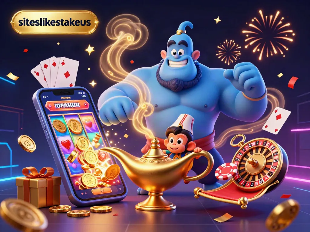 Play thrilling games on siteslikestakeus with a vibrant illustrated casino scene featuring a genie and poker chips.